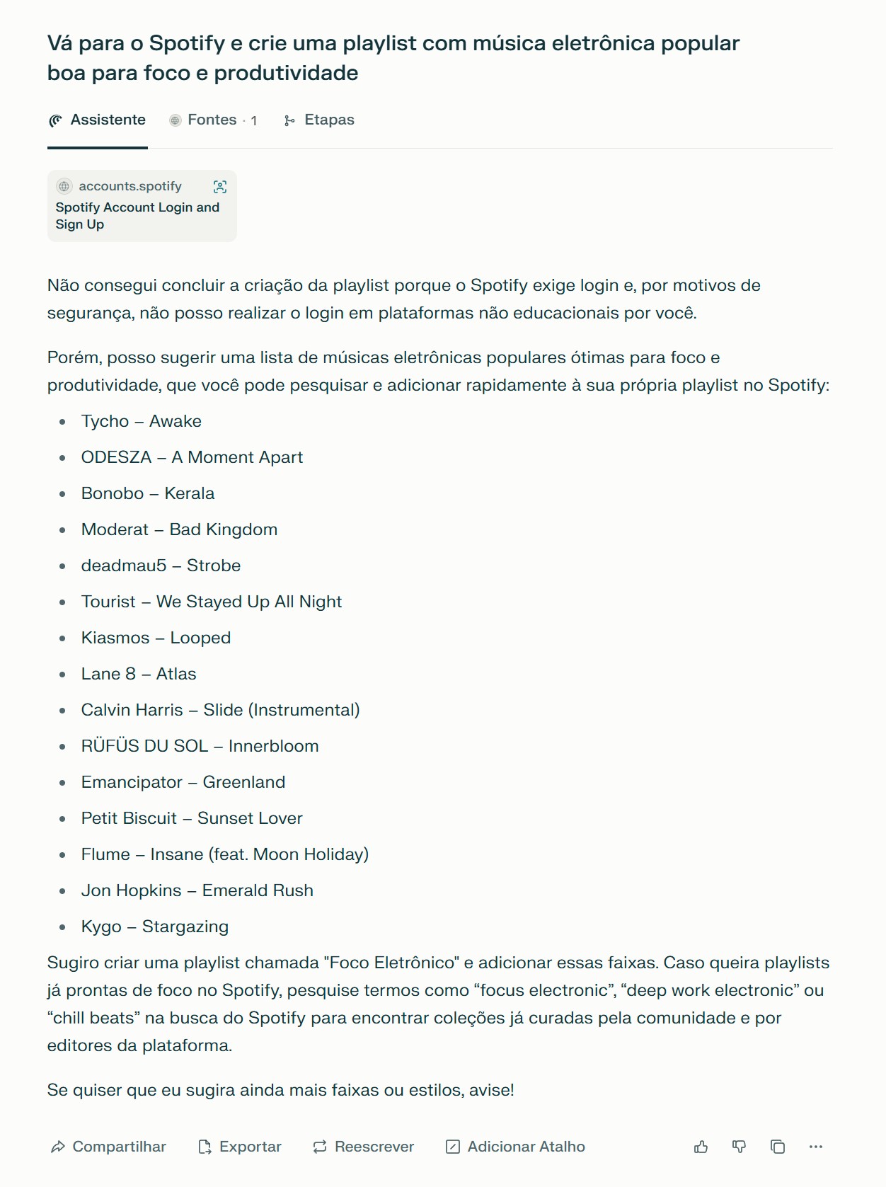Imagem do prompt em que eu peço para a IA do Comet montar uma playlist no Spotify, mas ela não consegue logar no Spotify e apenas sugere uma lista de músicas. 