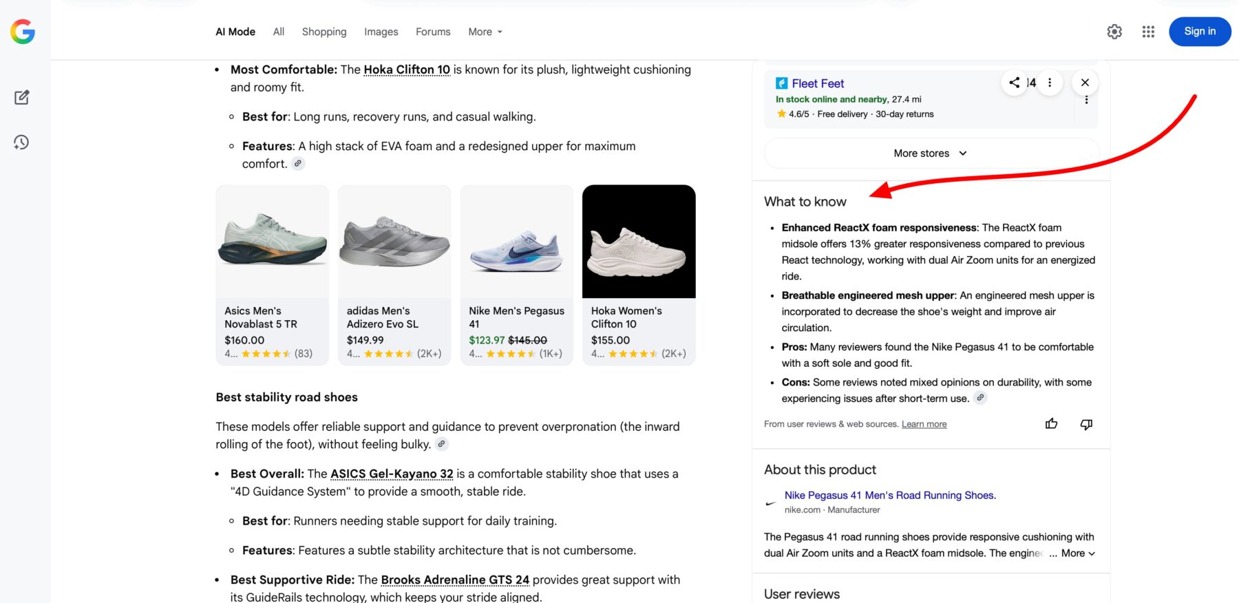 Captura de tela do modo IA do Google mostrando uma seção intitulada 'What to know' ('O que você precisa saber') ao lado direito dos resultados de produtos, com um resumo detalhado sobre o tênis Nike Pegasus 41, destacando características como responsividade da espuma ReactX, parte superior em mesh respirável, prós como conforto e ajustes, e contras com opiniões mistas sobre durabilidade. A seção é baseada em avaliações de usuários e fontes da web.