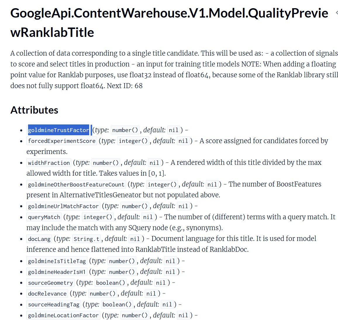 Captura de tela de documentação técnica da API do Google, mostrando uma lista de atributos relacionados à pontuação e seleção de títulos, incluindo parâmetros como goldmineTrustFactor, forcedExperimentScore, widthFraction, queryMatch e docLang, cada um com tipo, valor padrão e breve descrição.