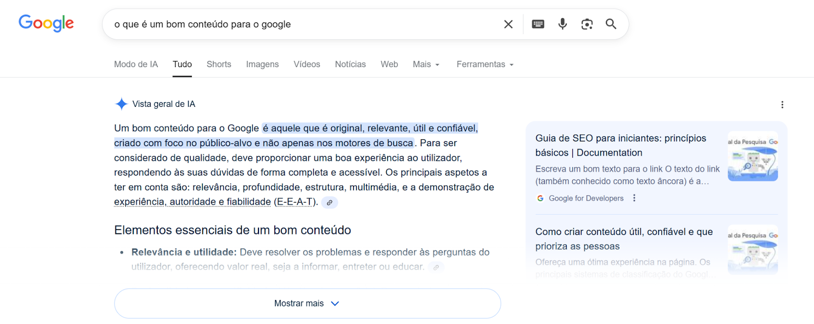 Captura de tela da AI Overview do Google respondendo à uma busca por "o que é um bom conteúdo para o Google". 