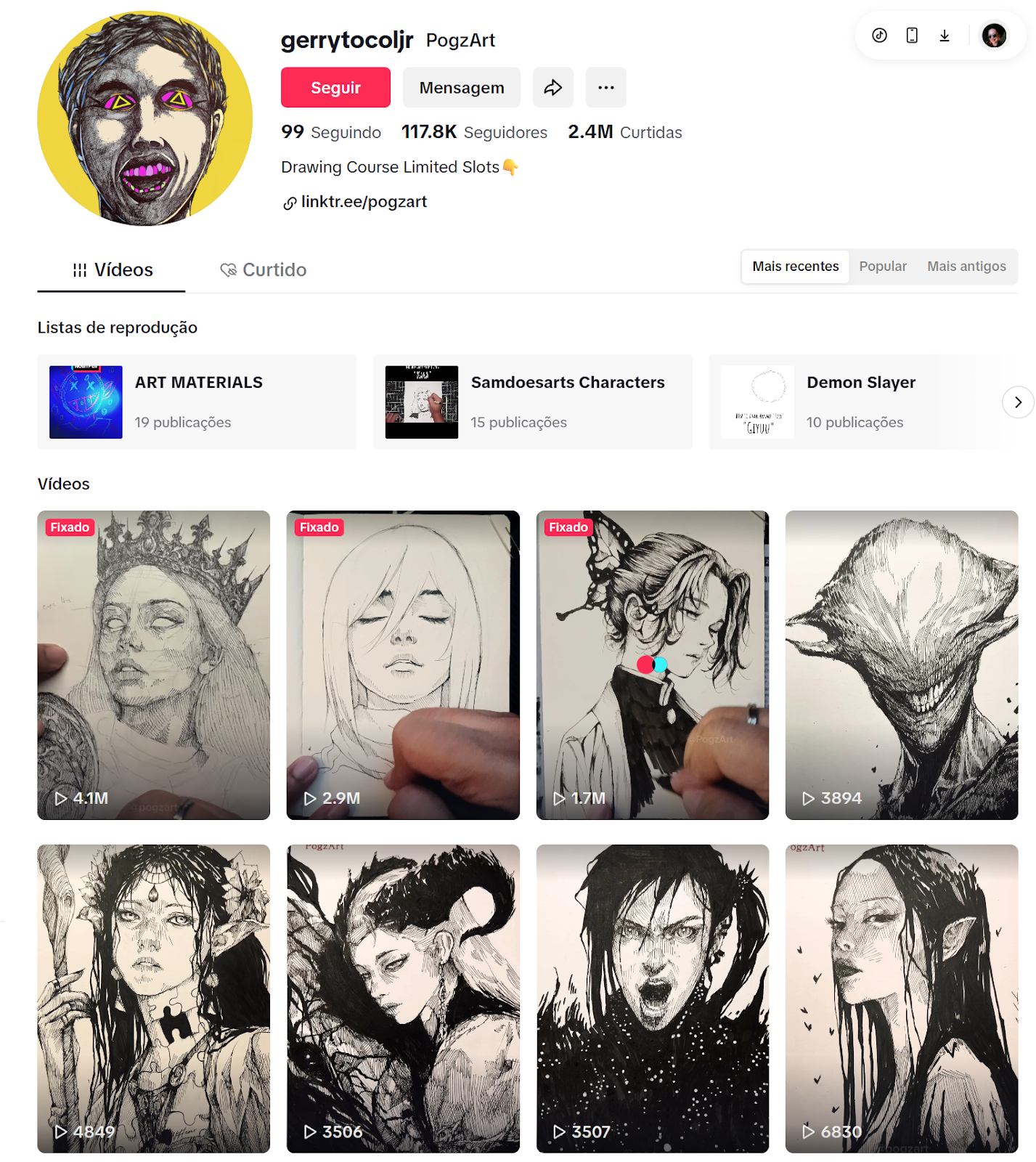 Captura de tela do perfil de um artista de desenho no TikTok que tem apenas vídeos de suas artes, sem mostrar o rosto do autor.