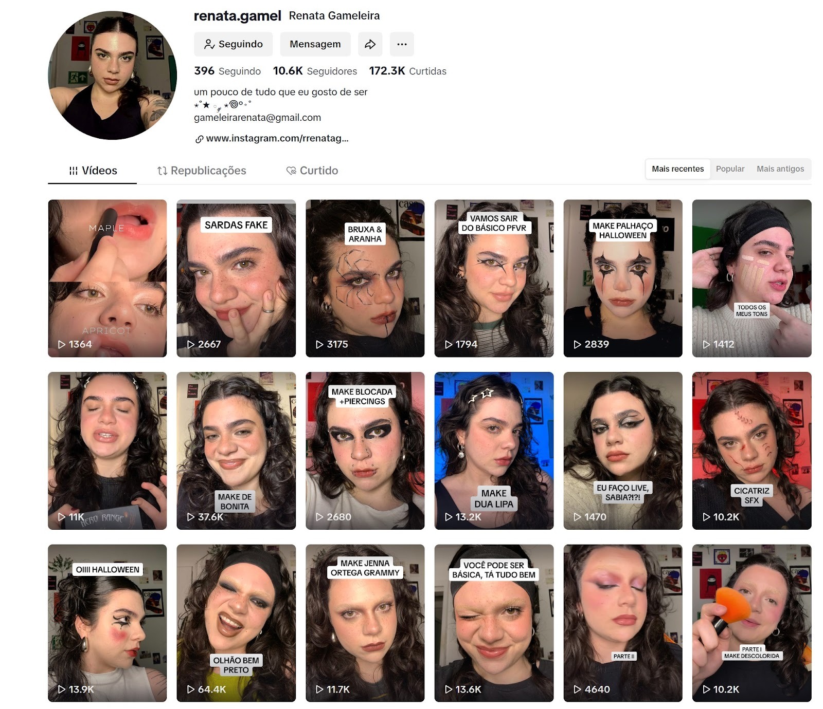 Captura de tela de um perfil que usa thumbnails com descrição do tema dos vídeos. Perfil da Renata Gameleira.