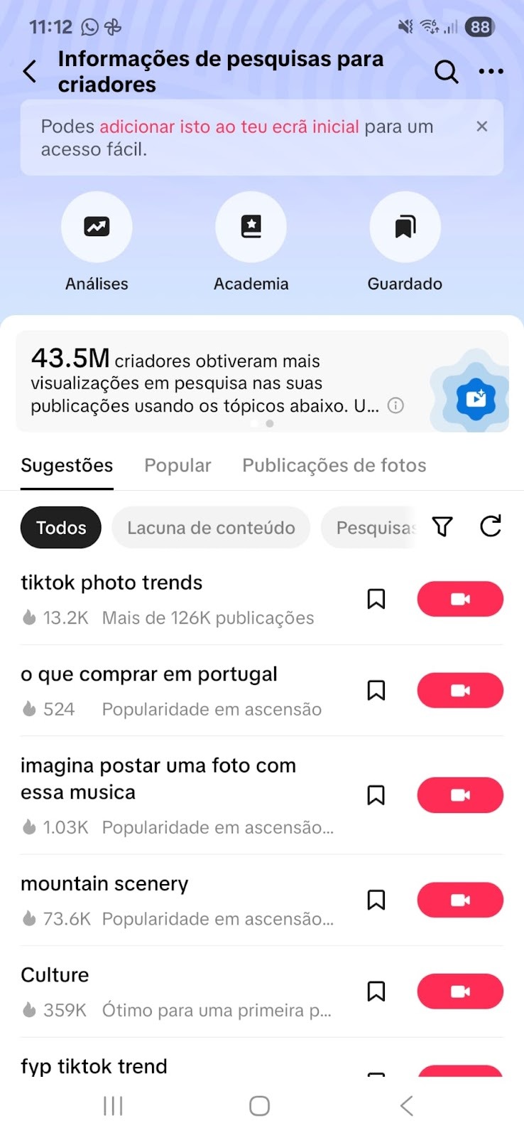Captura de tela mostrando a ferramenta Creator Search Insights do TikTok