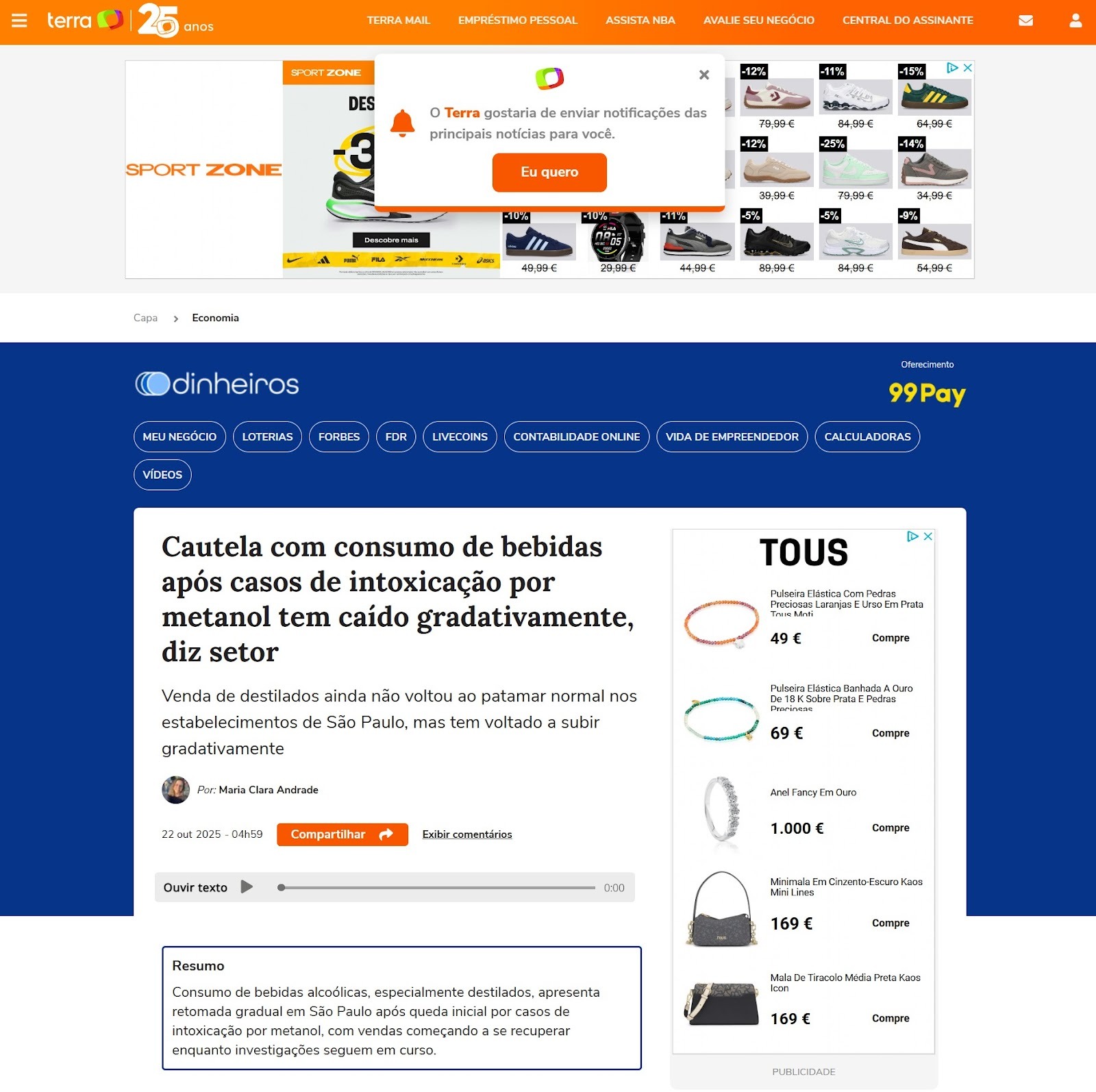 Captura de tela da Home do Terra, portal de notícia brasileiro, mostrando as diversas propagandas que aparecem para o leitor e atrapalham a experiência e o carregamento do site.