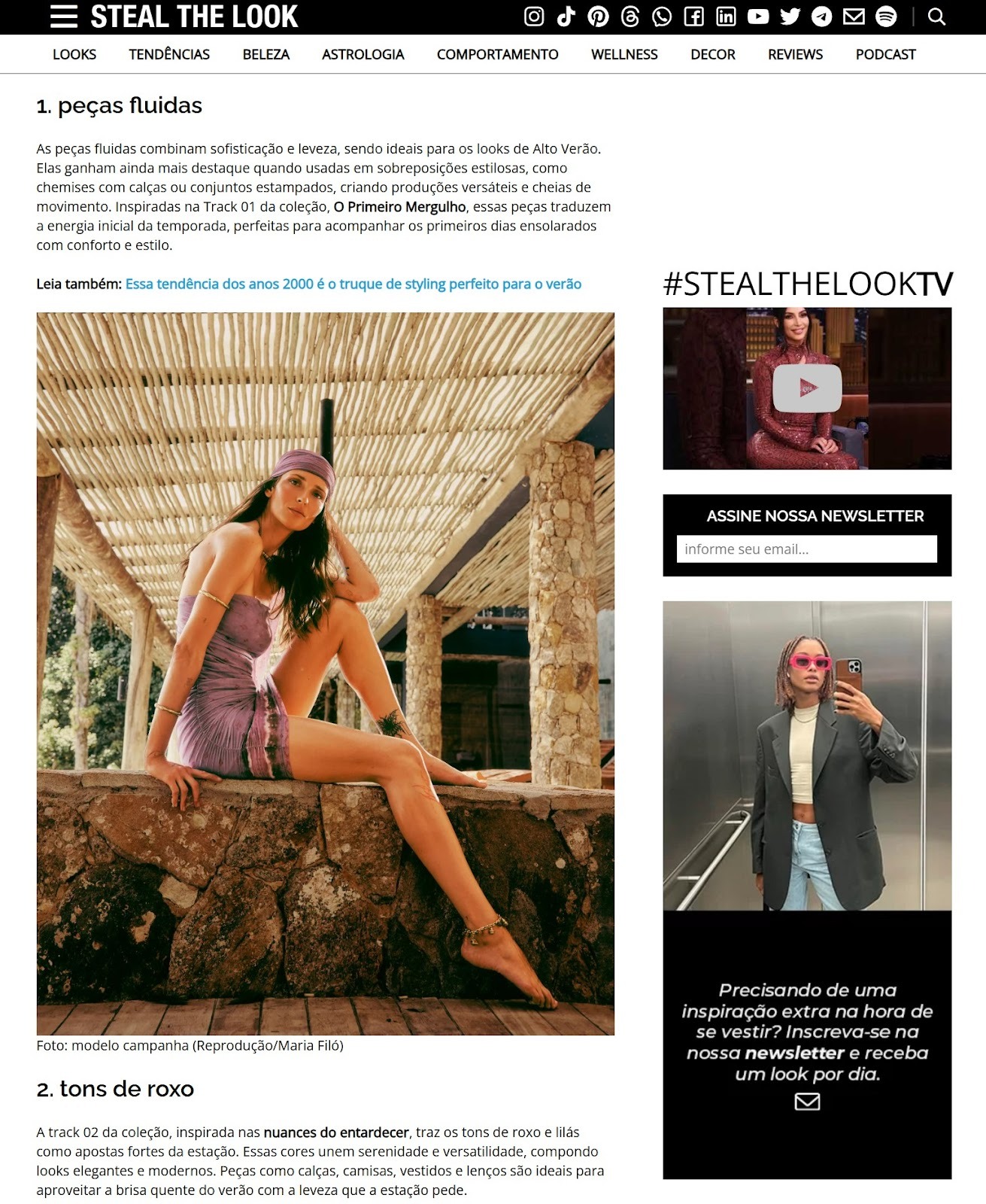 Captura de tela do site steal the look mostrando a boa disposição de texto e imagem, hierarquia de informações (headin tags) e a tipografia legível. 