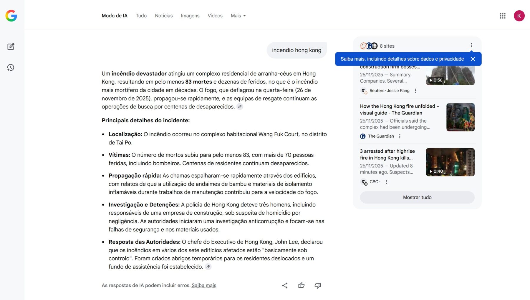 captura de tela do modo ia respondendo uma busca para "incendio hong kong"