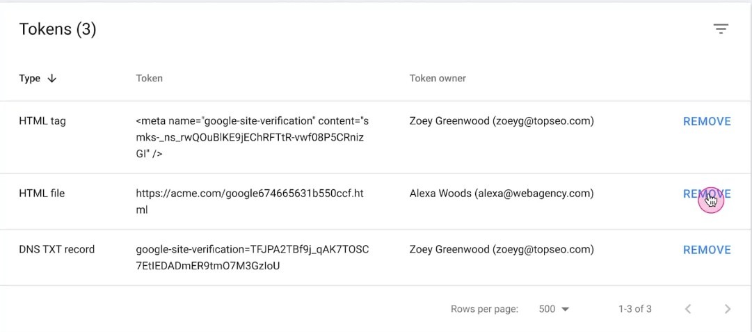 Captura de tela que mostra os tokens ativos do search console e o botão para remover