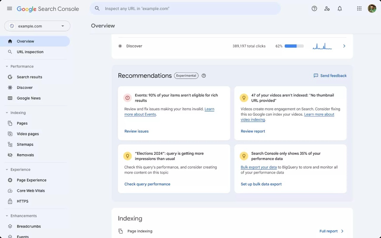 Captura de tela do GSC mostrando as recomendações de SEO em uma conta