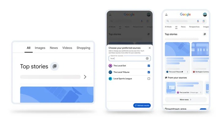 Interface do Google mostrando o recurso de “fontes preferidas” no Top Stories/Notícias Principais. A imagem inclui uma caixa de seleção onde o usuário escolhe veículos de notícias confiáveis, com a SERP sendo atualizada para priorizar conteúdos dessas fontes na seção de notícias.