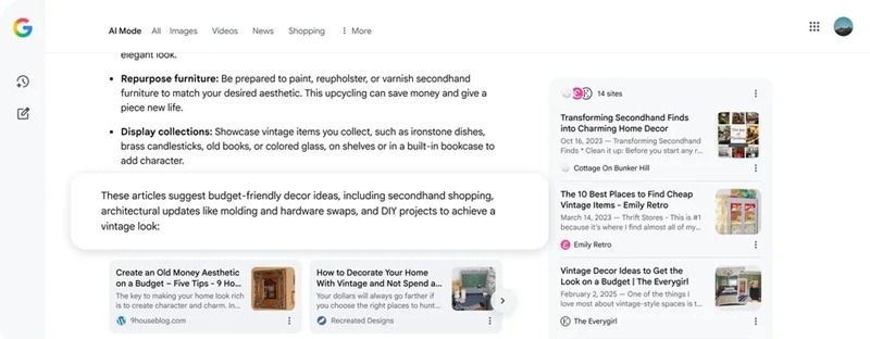 Imagem mostrando a interface do Google com um carrossel de artigos recomendados ao lado de uma resposta gerada por IA. A captura destaca como o Google passa a exibir conteúdos de múltiplos sites dentro de um módulo interativo, incluindo sugestões de leitura e cartões de páginas relacionadas.