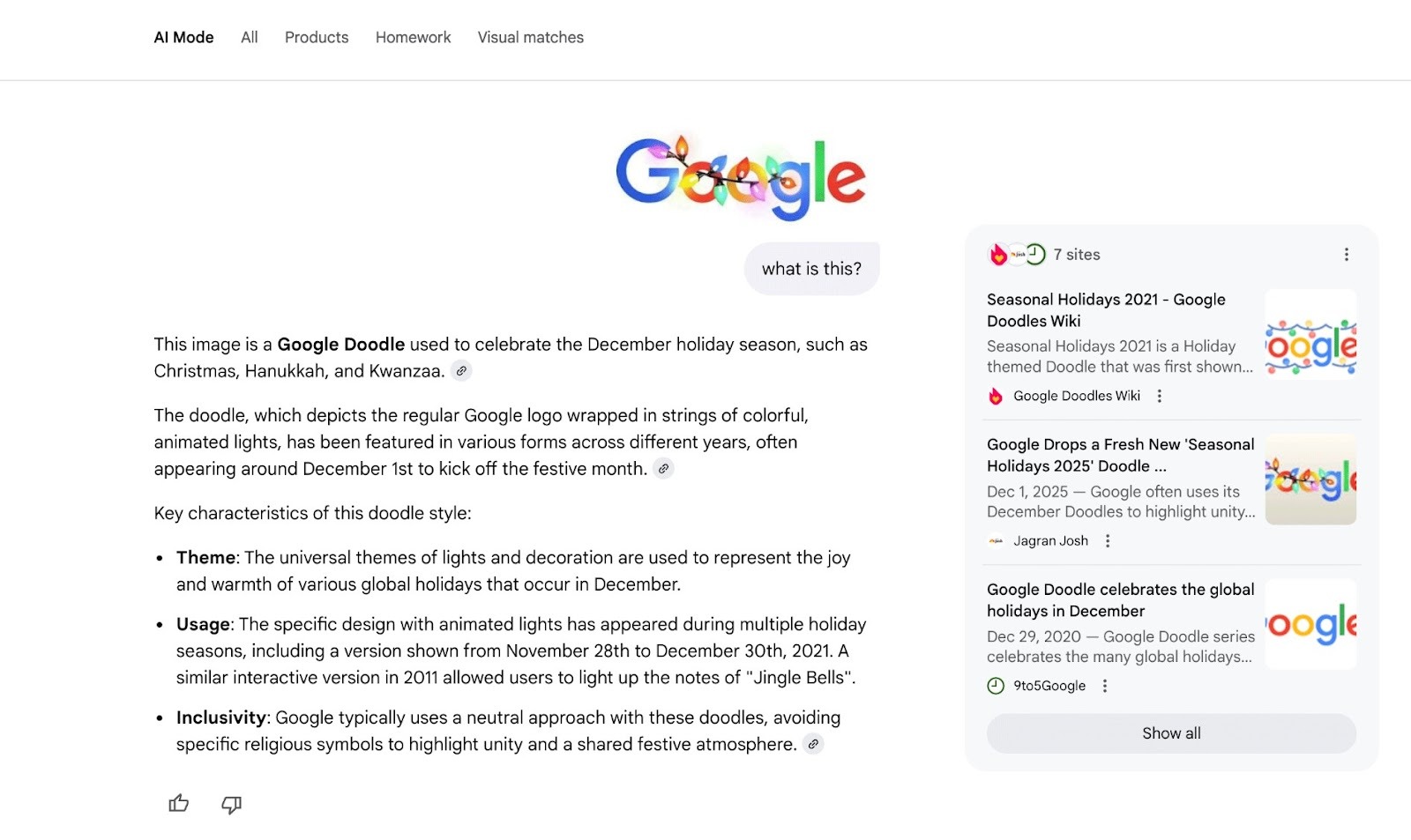 Tela do Google em Modo IA exibindo a análise de uma imagem enviada: o logo do Google com luzes festivas, acompanhado de uma explicação em texto à esquerda e uma lista de fontes relacionadas à direita.