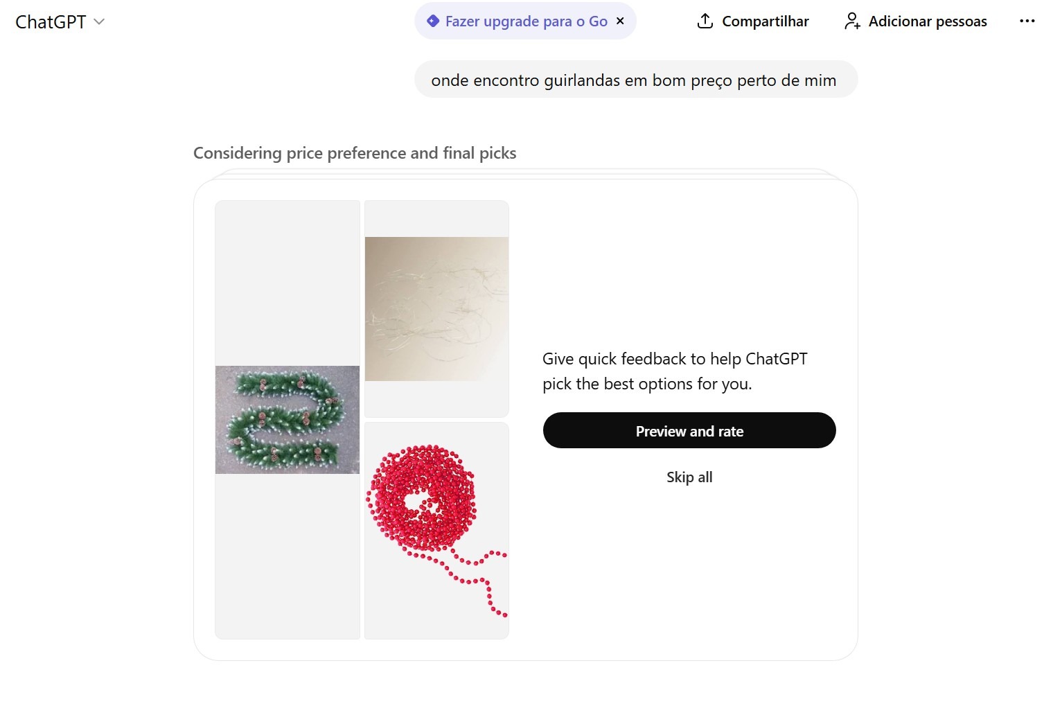 Interface do ChatGPT exibindo a mensagem do usuário “onde encontro guirlandas em bom preço perto de mim” e um carrossel de sugestões visuais de produtos, com imagens de enfeites natalinos e o botão “Preview and rate” para avaliar as opções.