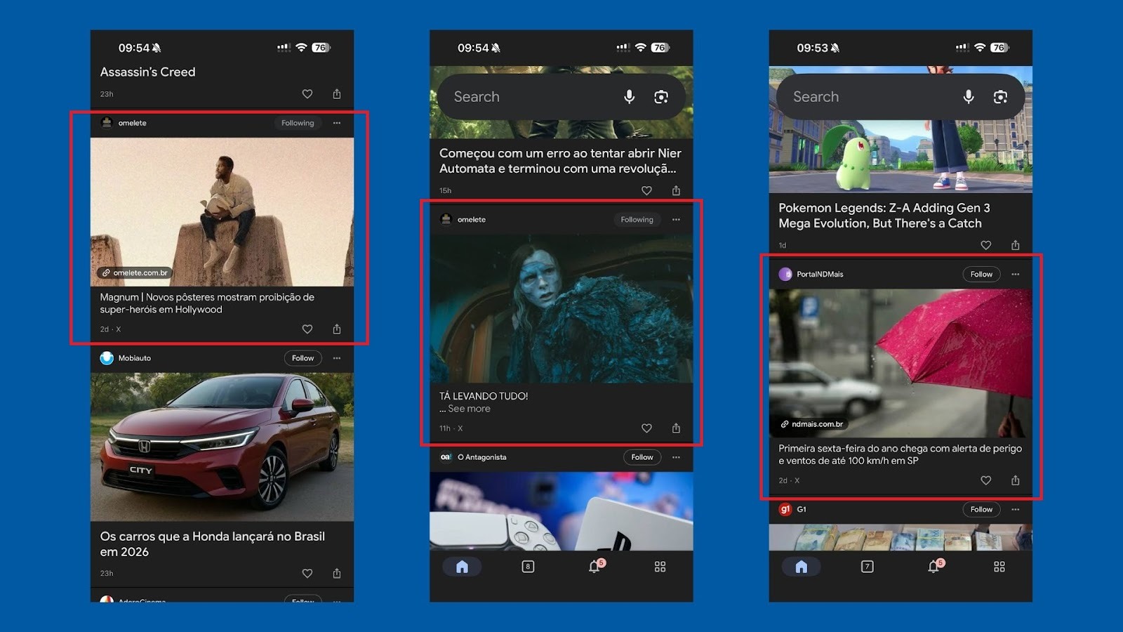 Capturas de tela do Google Discover no celular mostrando cards com posts do X.com destacados em vermelho.