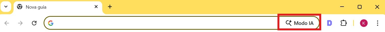 Captura de tela da barra de endereços do Chrome, com destaque para o botão "Modo IA" que leva a pesquisa direto para o chatbot do Google.