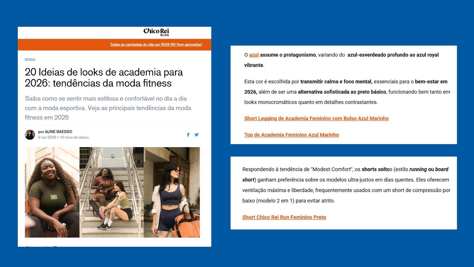 Página do blog da Chico Rei com artigo sobre tendências de moda fitness para 2026, mostrando mulheres usando looks de academia em diferentes contextos urbanos, e os hiperlinks sendo usados para mostrar produtos vendidos pela marca que tem a ver com o conteúdo do blog.