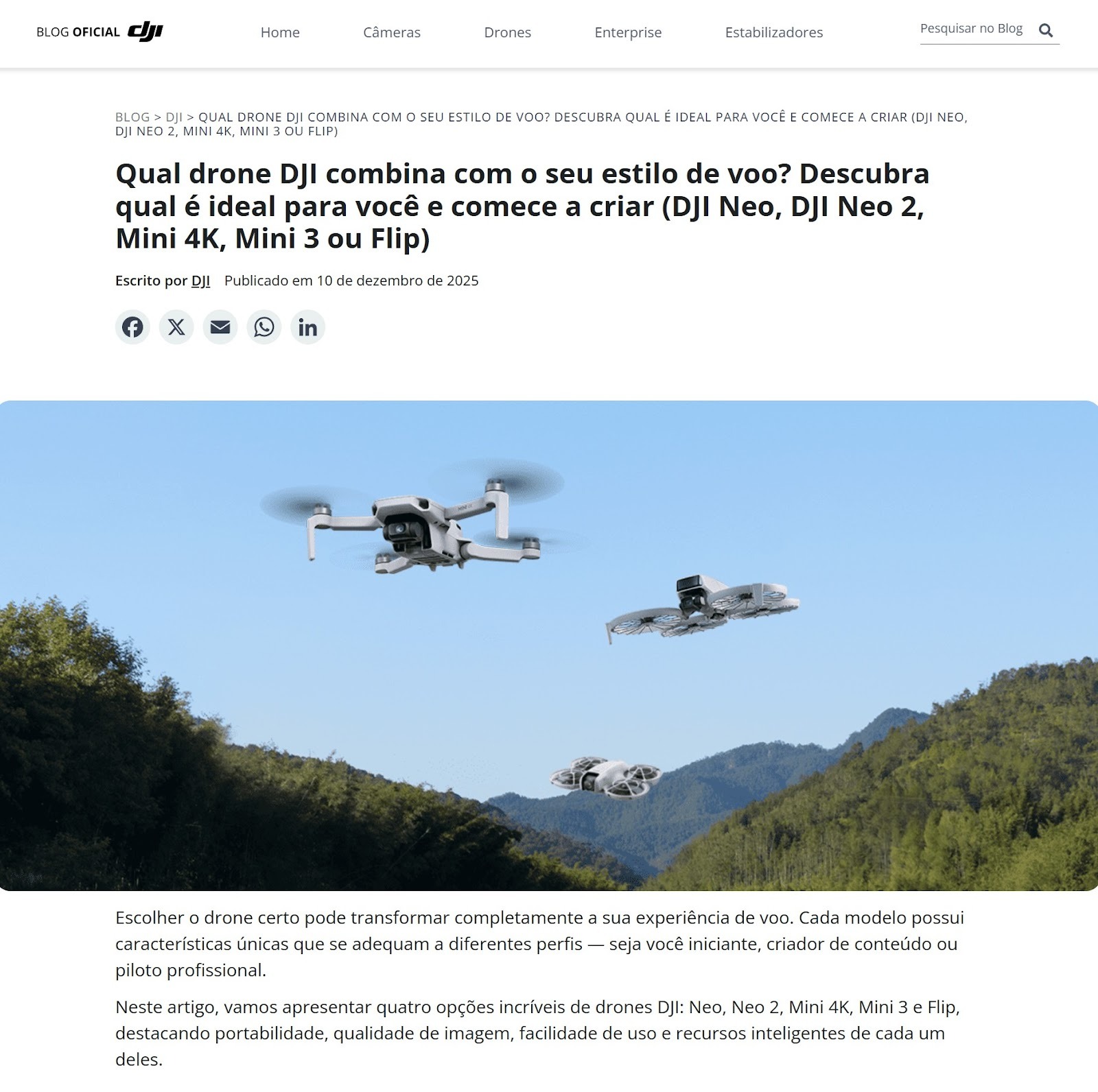 Artigo do blog oficial da DJI sobre como escolher o drone ideal, com imagem de diferentes modelos DJI voando em um cenário de montanhas e natureza.