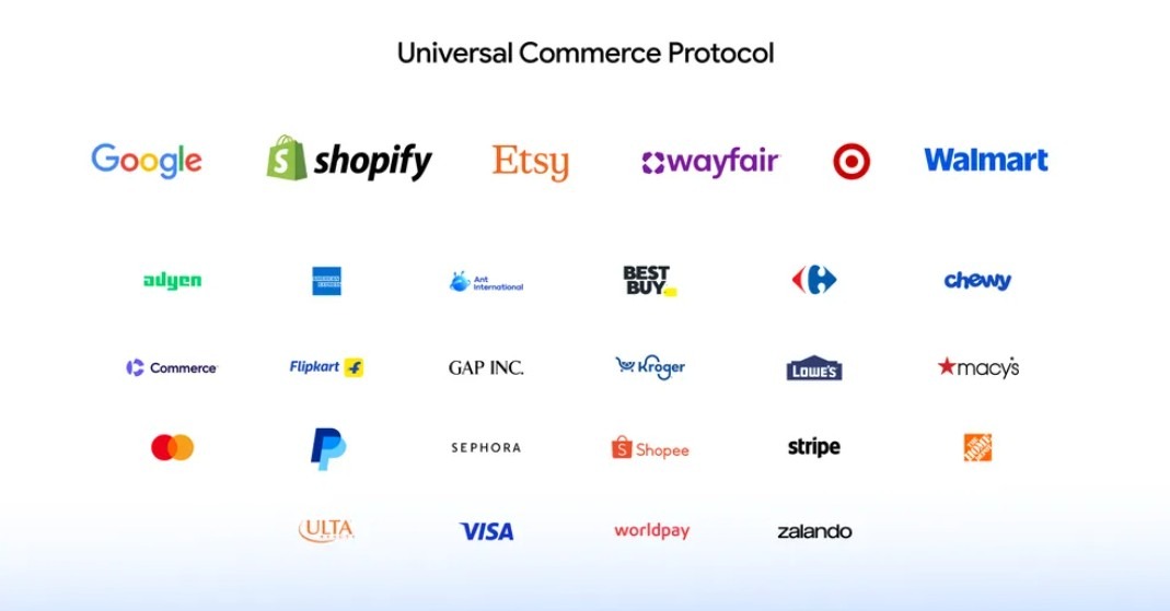 Tela escrito "Universe Commerce Protocol" e diversas logos de marcas, como Etsy e Walmart, que fizeram parte do desenvolvimento do UCP.