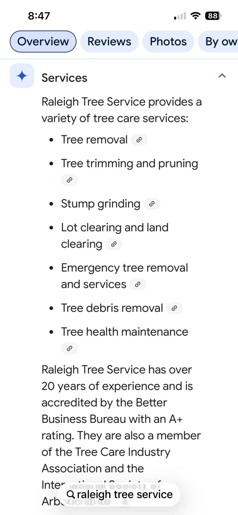 Captura de tela do Google Business Profile mostrando a seção “Services” com lista de serviços gerados por IA para a empresa Raleigh Tree Service, incluindo tree removal, tree trimming and pruning, stump grinding e emergency tree removal.