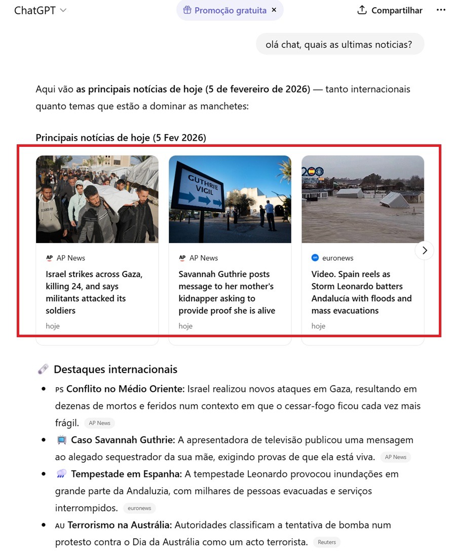 Interface do ChatGPT exibindo um carrossel de notícias em destaque com imagens, títulos e fontes como AP News e Euronews, em um formato semelhante à seção Top Stories de buscadores.