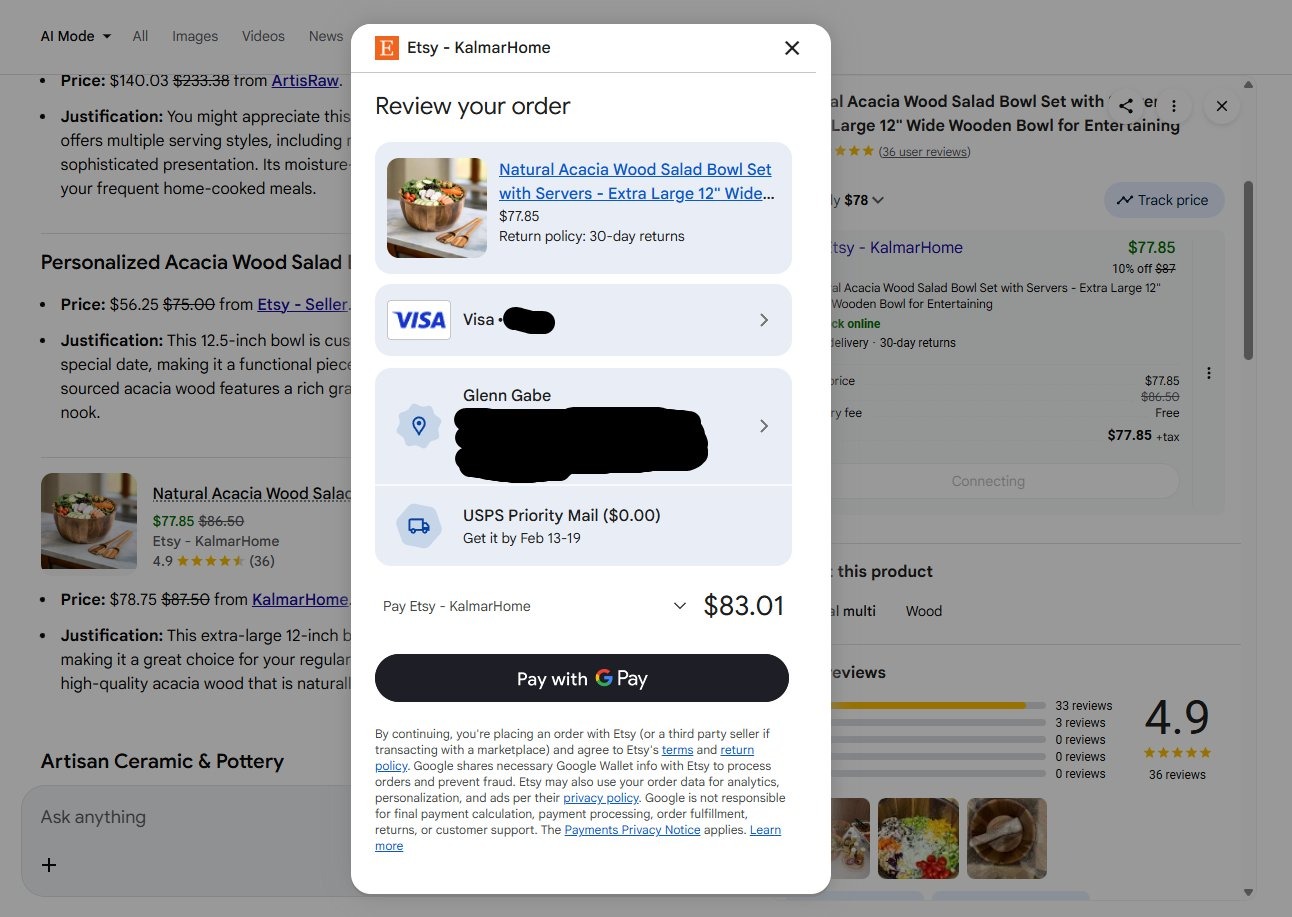 Captura de tela exibindo uma janela de checkout do Google Pay para uma compra na Etsy. A interface mostra o resumo do pedido de um conjunto de tigelas de salada de madeira de acácia, o método de pagamento Visa selecionado, o endereço de entrega para Glenn Gabe e o botão 'Pay with Google Pay' em destaque.
