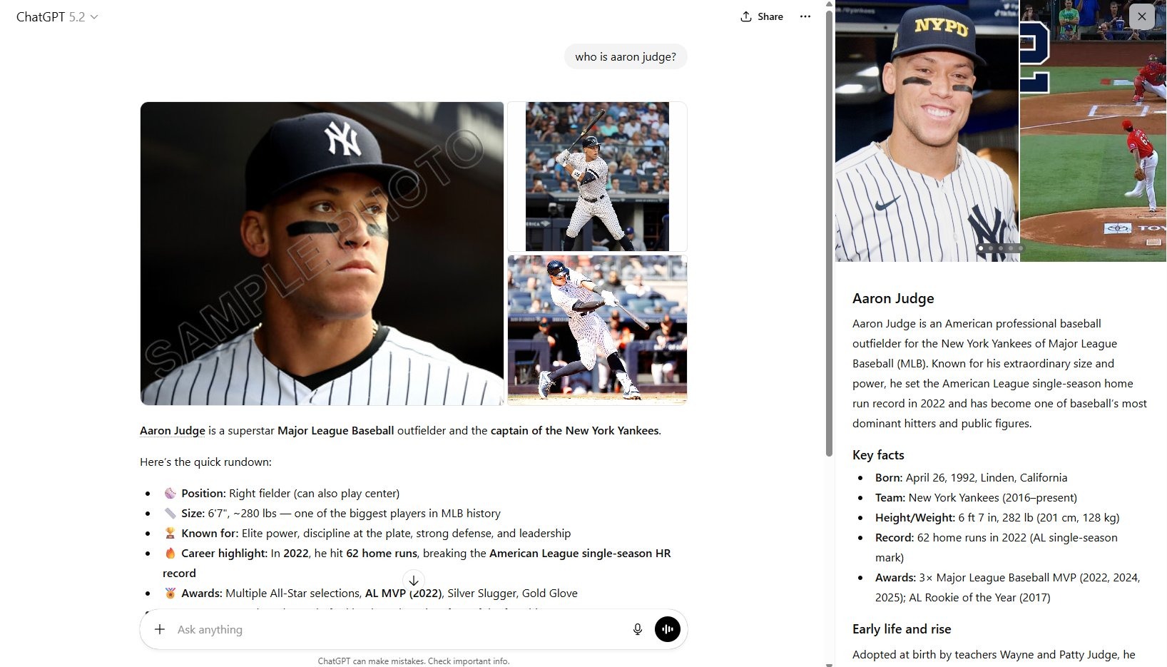 Interface do ChatGPT exibindo um painel de conhecimento sobre um jogador profissional de beisebol, com fotos, biografia resumida, estatísticas, fatos principais e um painel lateral com informações estruturadas.
