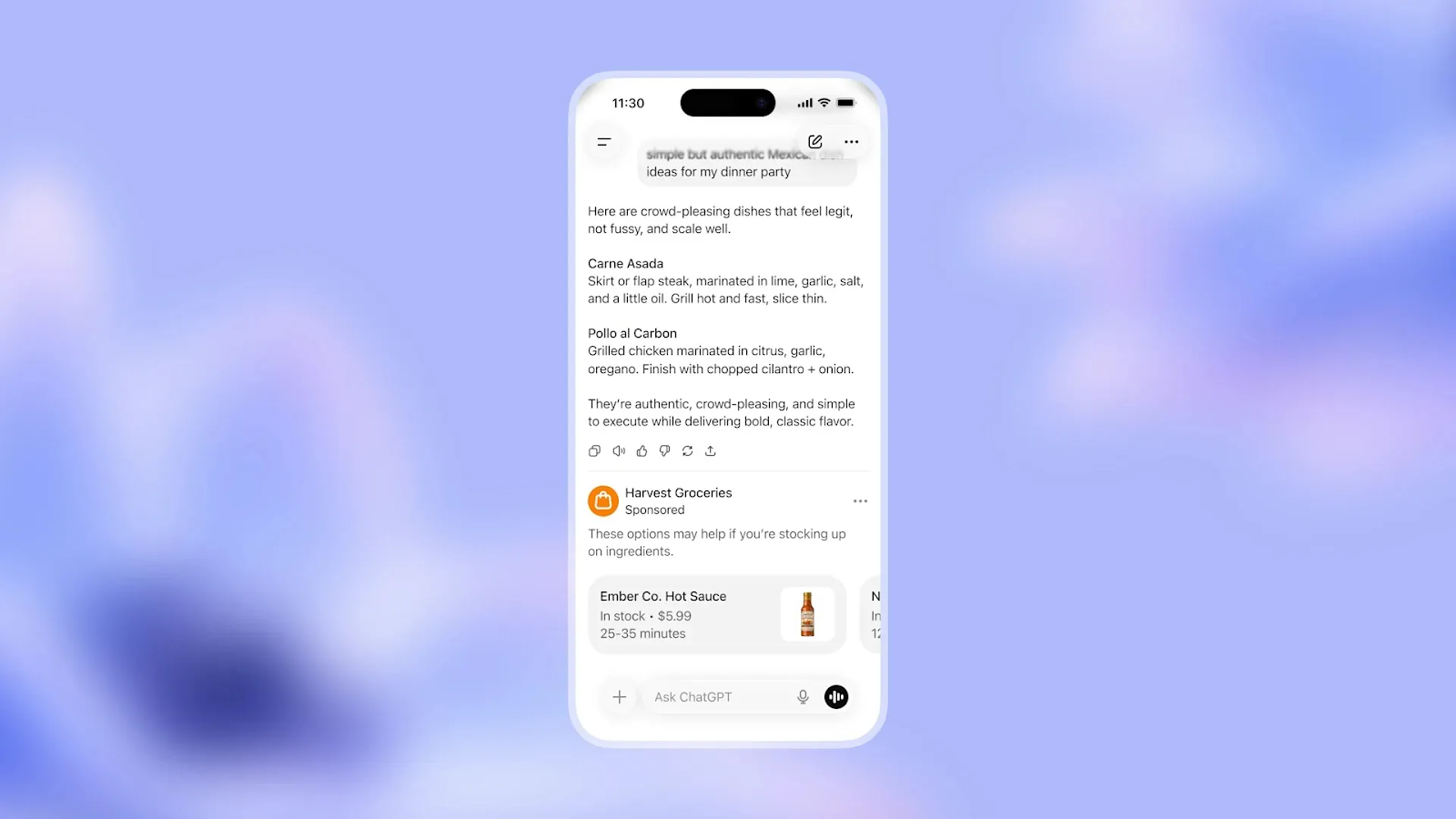 Captura de tela de um celular, mostrando uma conversa no ChatGPT sobre ideias para um jantar. Ao final, aparece um anúncio de um supermercado.