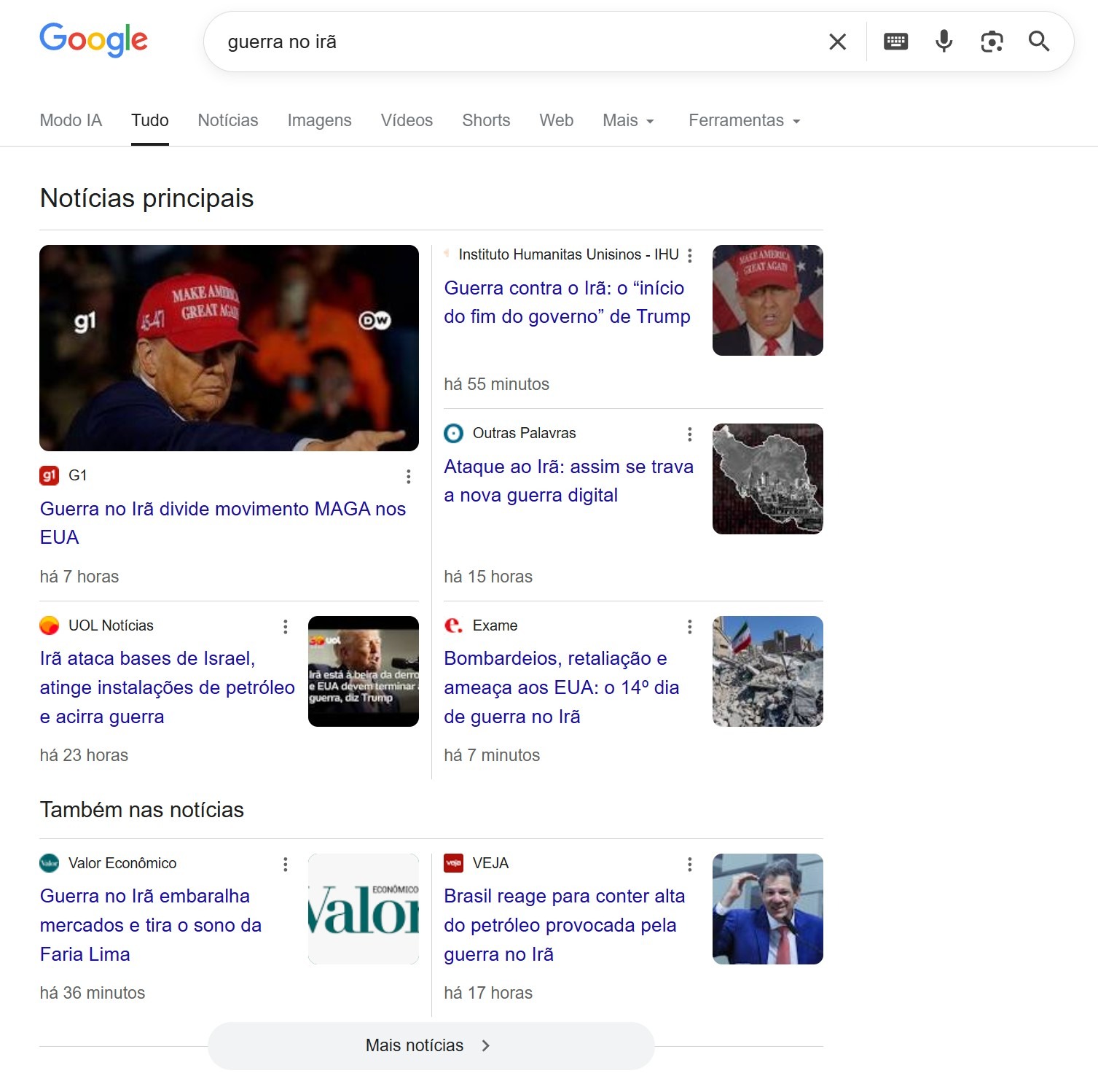 Captura de tela da busca do Google, com uma pesquisa para o termo "Guerra no Irã", destacando a seção Principais Notícias, que traz em destaque matérias jornalísticas e não ativa AI Overview.