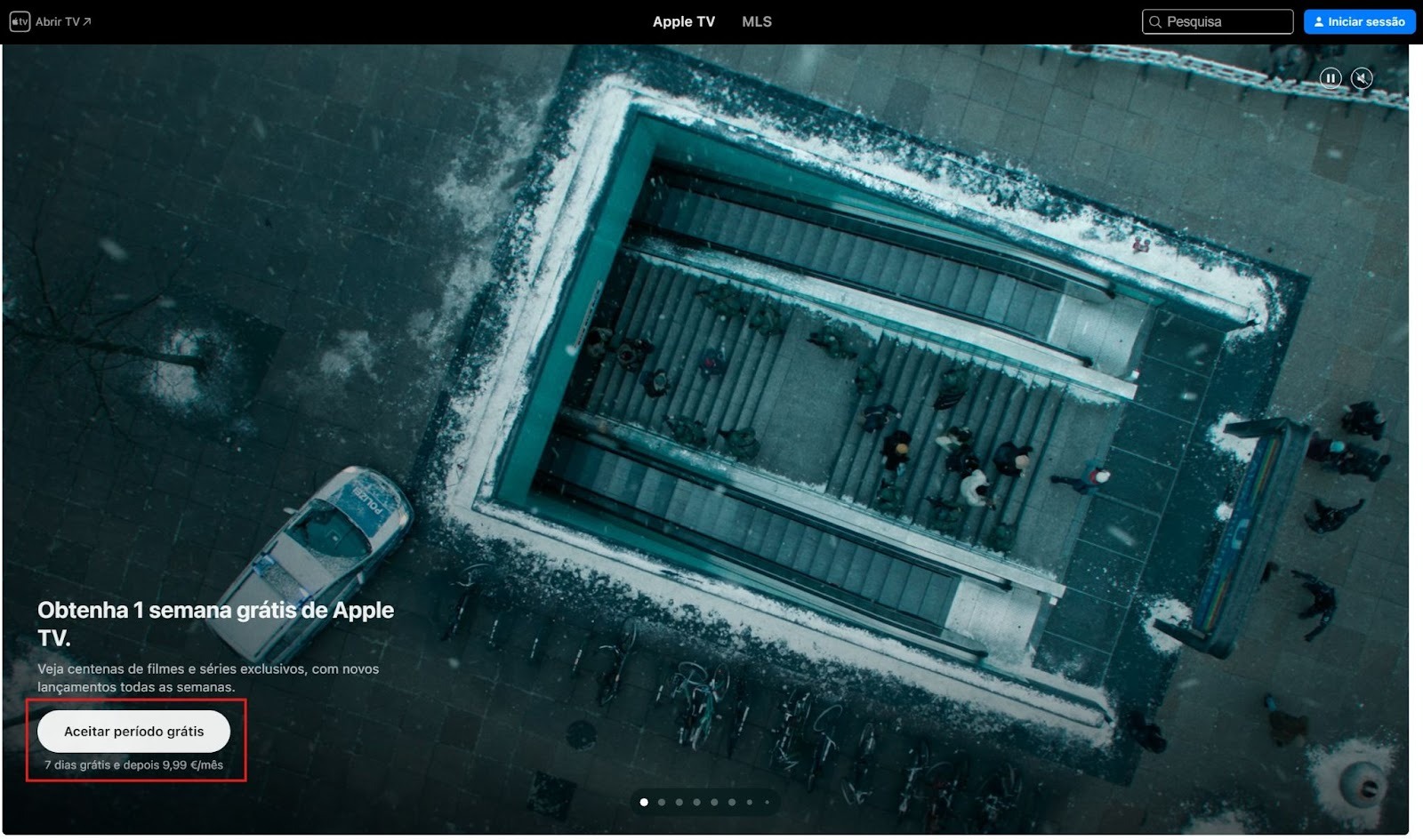 Captura de tela do site da Apple mostrando o botão de CTA "Aceitar período grátis"