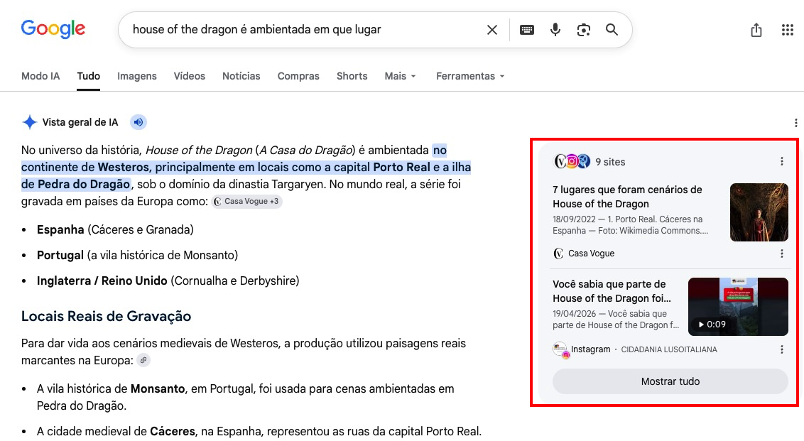 captura de tela que mostra o resultado de AI overview para a busca "house of the dragon é ambientada em que lugar". na imagem, há um destaque para a coluna de links usados para compor a resposta de IA. apenas dois de nove links aparecem na coluna, para ver o restante o usuário precisa clicar em "mostrar tudo"