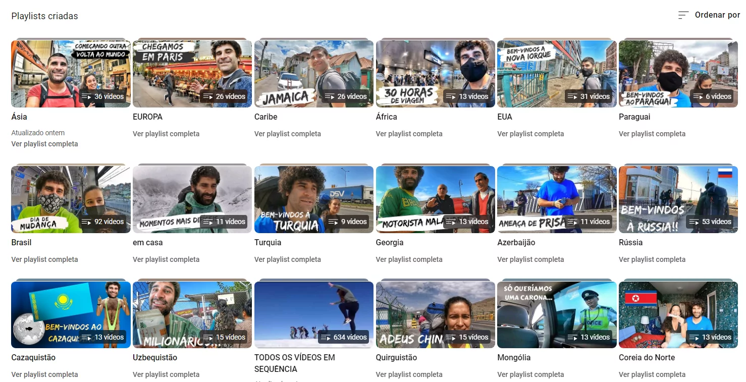Print das playlists do canal no Youtube "Mundo Sem Fim". As playlists são organizadas por regiões e /ou países que os youtubers visitaram, como ásia, Europa, EUA, Paraguai etc.