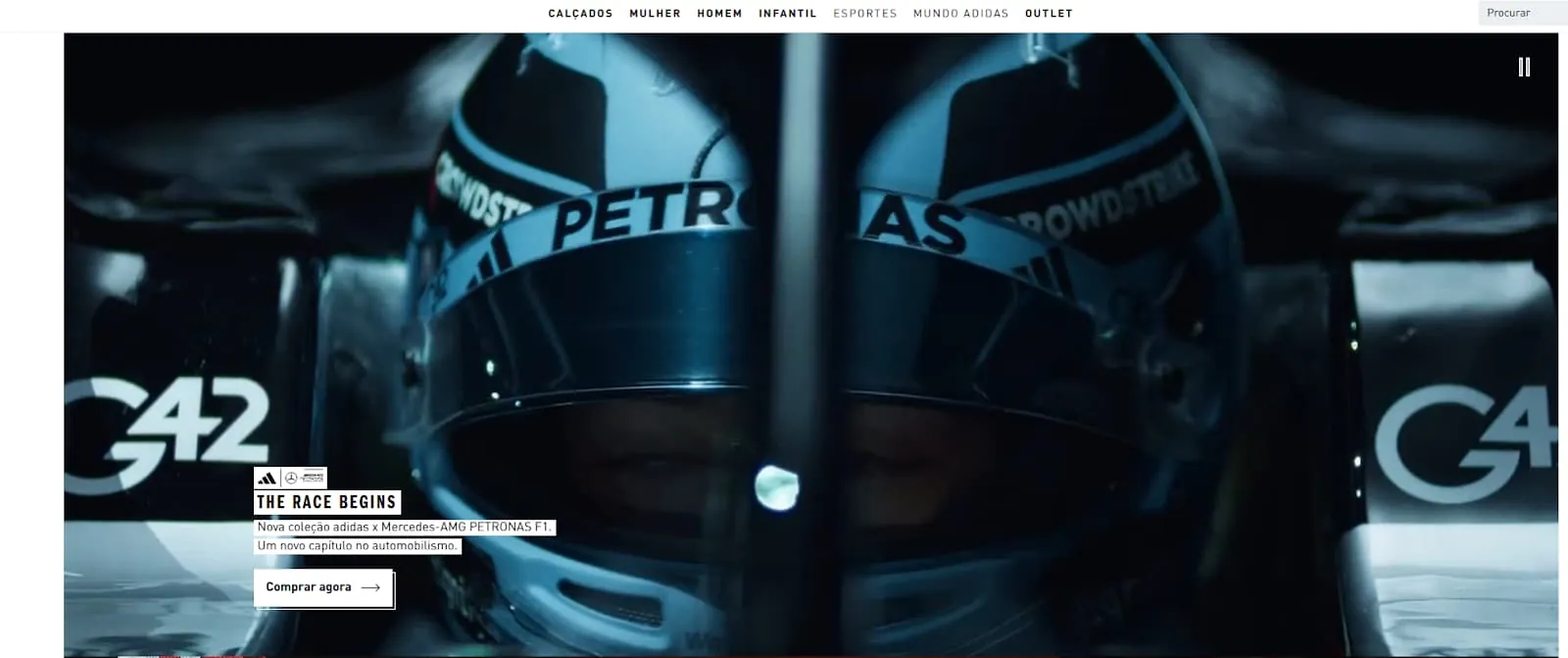 close de um capacete de fórmula 1, mostrando o piloto dentro de um carro. O conteúdo é original para o site da adidas e está na homepage da página de categoria da coleção com a Mercedes, da F1
