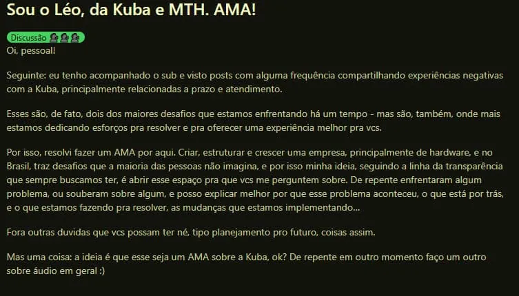 Captura de tela de um fórum do Reddit, onde se lê "Sou o Leo da Kuba e Mind the Headphone, me pergunte qualquer coisa"