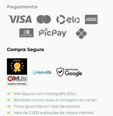 Captura de tela de certificados de segurança do Clube do Malta. No topo, aparecem as formas de pagamento aceitas, com logo da Visa, MasterCard, Elo, Ame, PicPay e PixDepois, aparecem certificados de compra segura do Google. Na sequência, bullet points rápidos para fortalecer autoridade do site, como o número de avaliações positivas