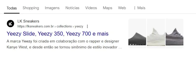 Exemplo da SERP mostrando uma página de categorias onde a title tag apresenta os modelos mais populares de produtos