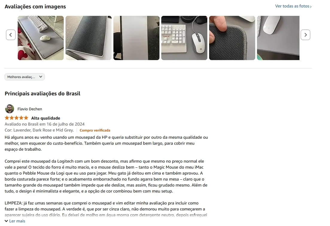 Exemplo de UGC na amazon. A captura de tela mostra fotos reais de um modelo de mousepad em uso, enviadas pelas pessoas. Abaixo, aparece uma avaliação detalhada das especificações técnicas do produto, escrita por um consumidor.