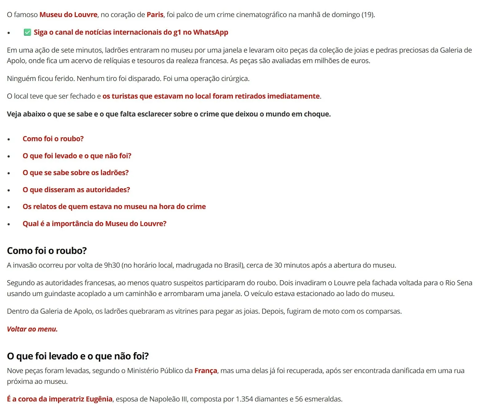 Captura de tela de um trecho de reportagem do G1 sobre o roubo no Louvre, mostrando os diversos hiperlinks marcados em vermelho que ajudam o leitor a se aprofundar nas matérias do site
