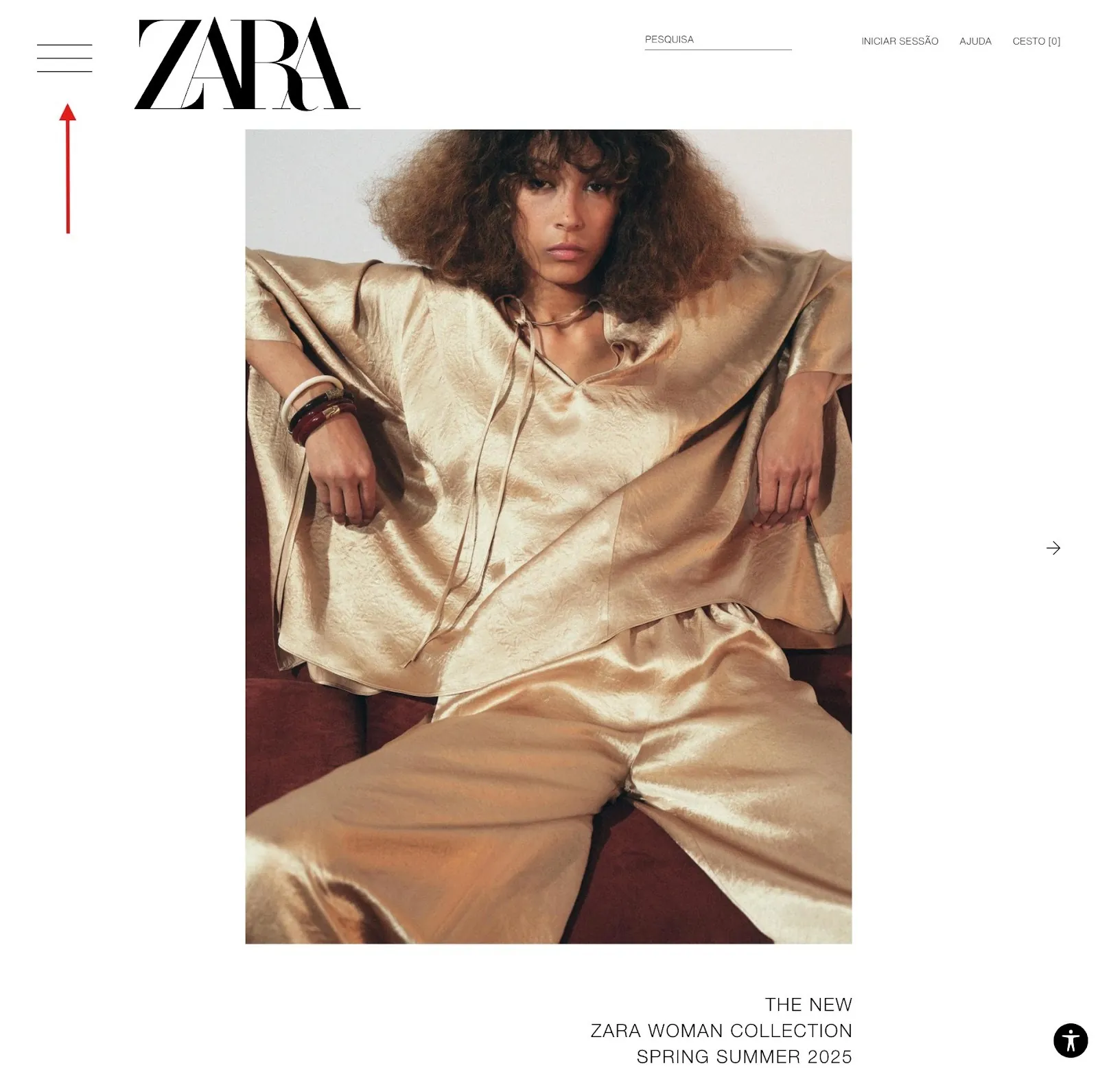 Captura de tela do site da Zara Brasil mostrando a tela inicial e destacando o menu em formato hamburguer