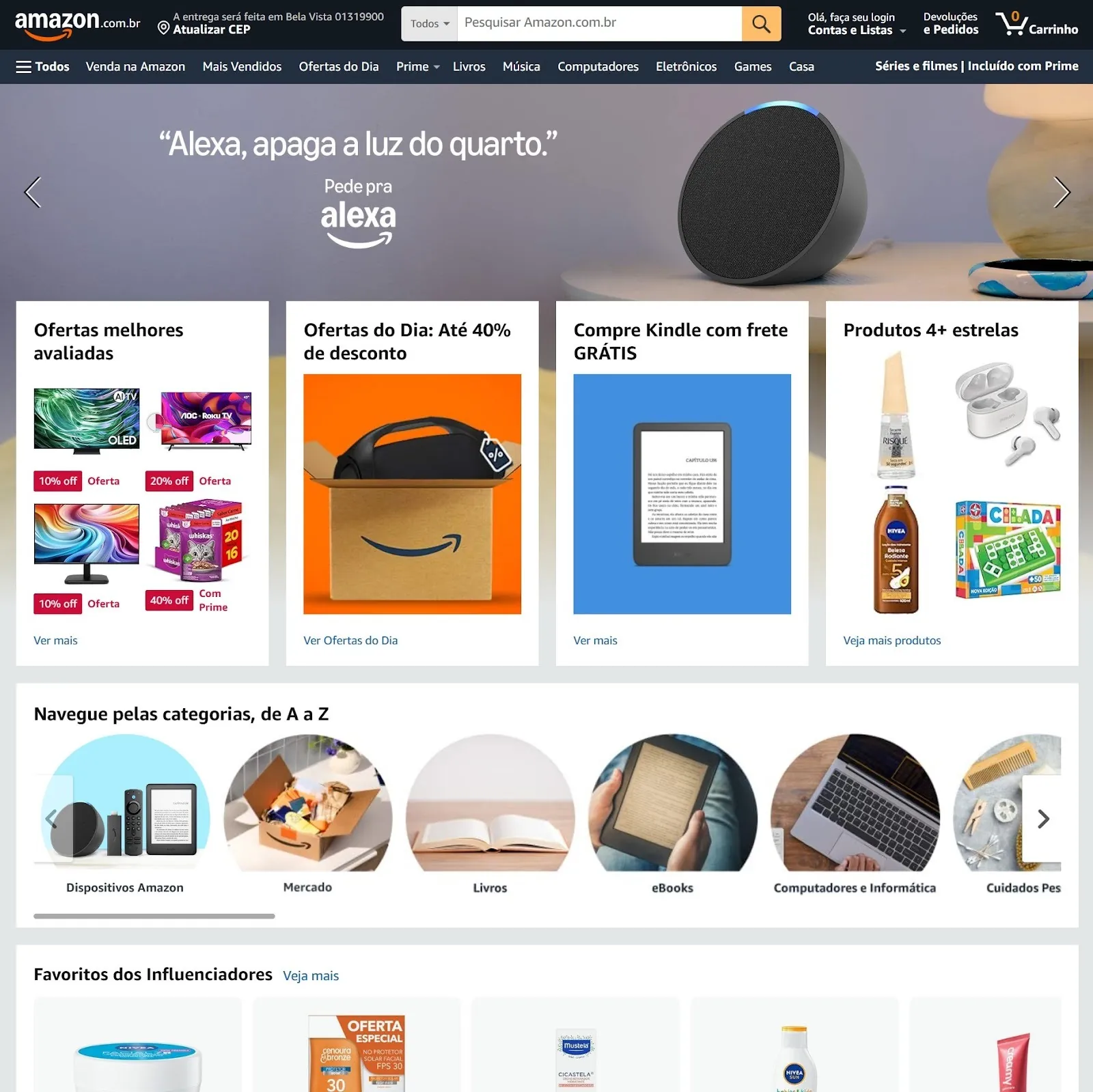 Captura de tela do site da Amazon Brasil mostrando as categorias do site.