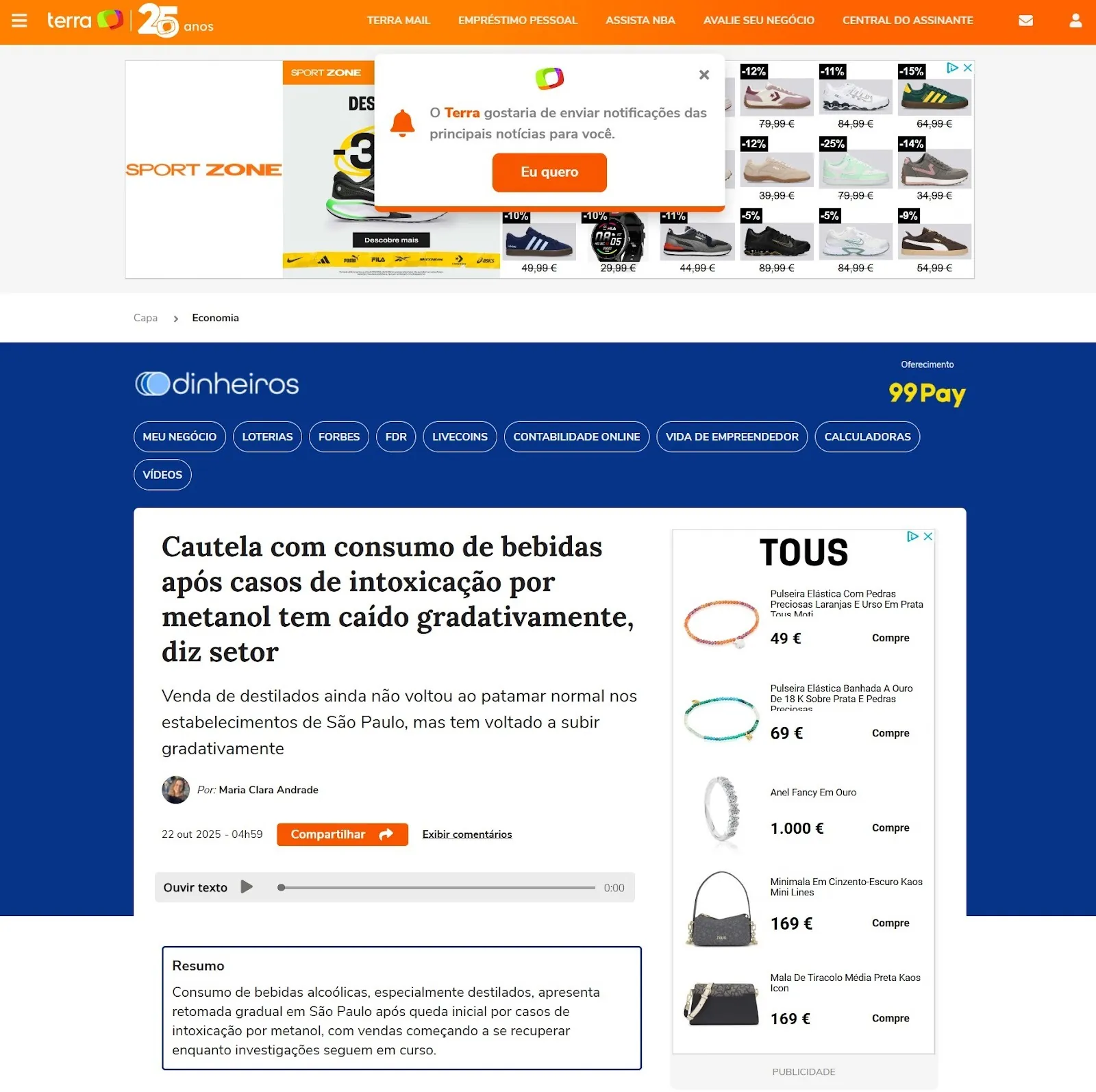 Captura de tela da Home do Terra, portal de notícia brasileiro, mostrando as diversas propagandas que aparecem para o leitor e atrapalham a experiência e o carregamento do site.
