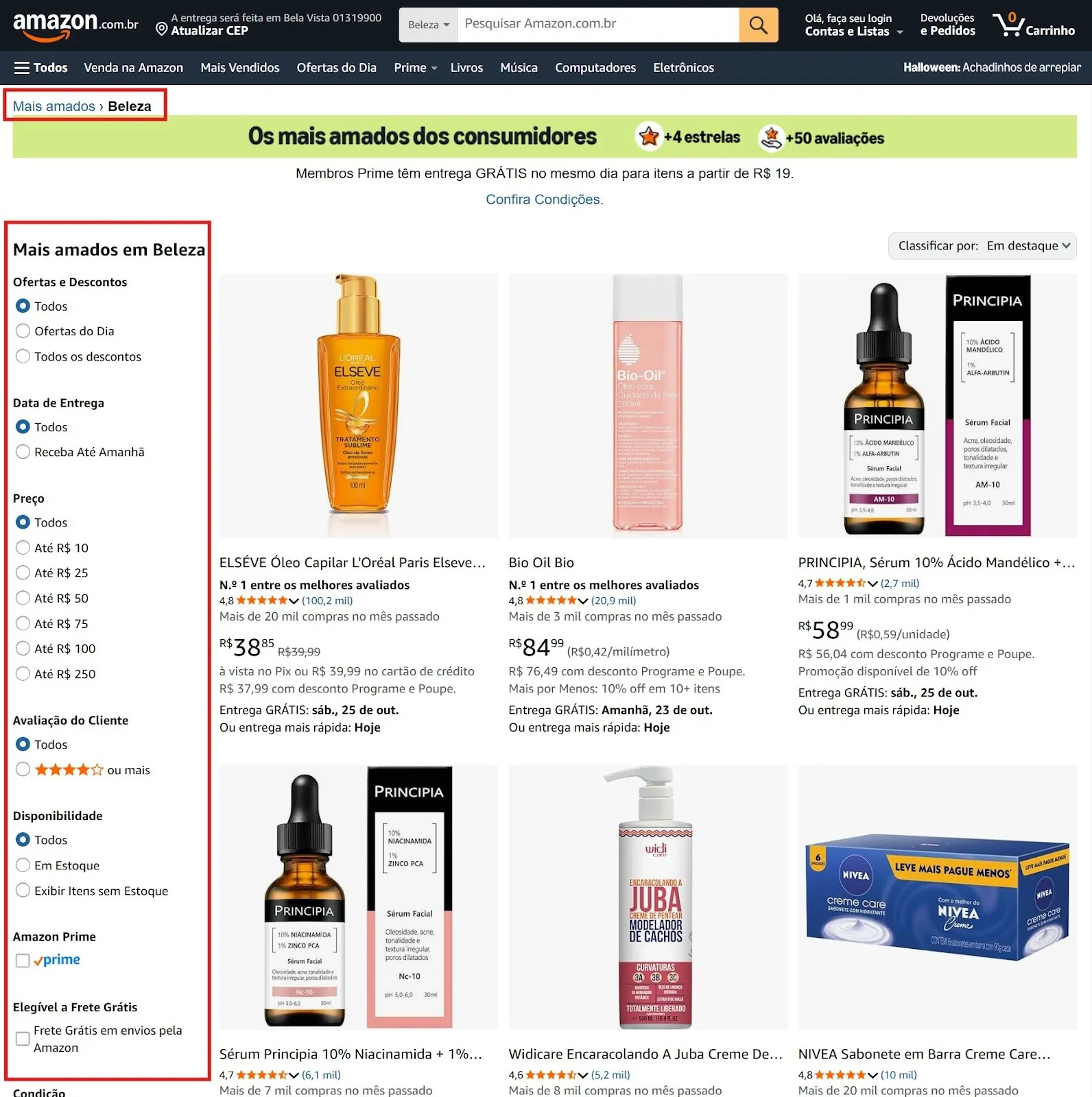Captura de tela do site da Amazon Brasil destacando os filtros dentro da página de categoria e a navegação breadcrumb